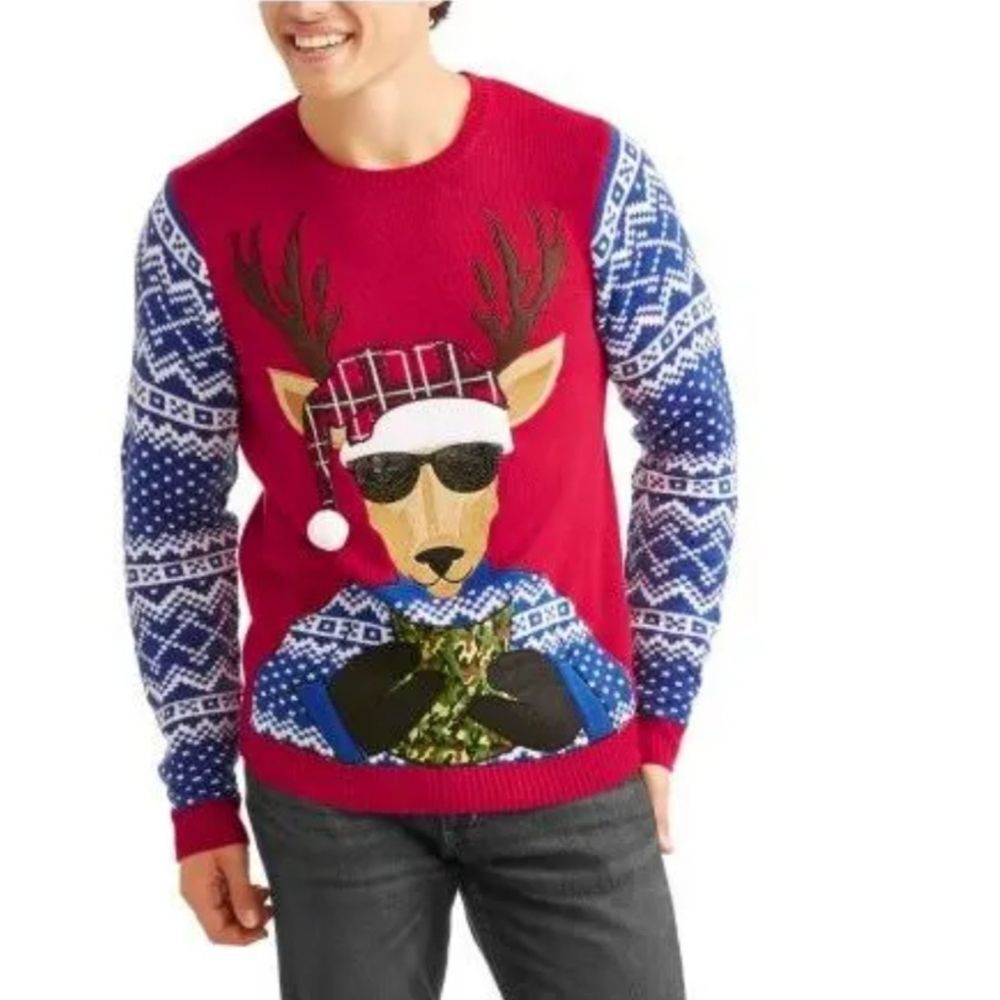 Reindeer Ugly Christmas Sweater With Camouflage Drink Pouch Holder Size XL